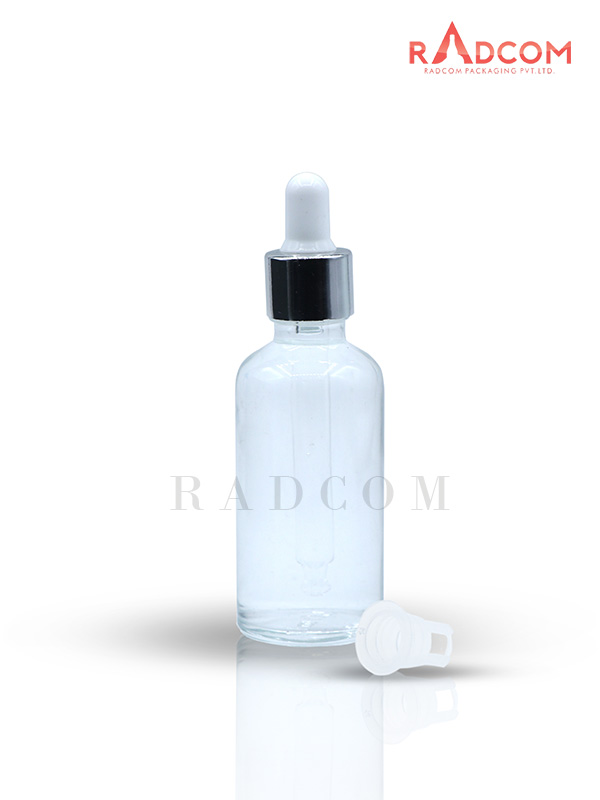50ML Clear Glass Dropper Bottle with Silver Dropper Set with White Teat and Plug